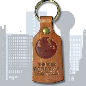 Vtg 1982 World’s Fair Leather Keychain Knoxville TN Flame Logo Souvenir 3.5” 80s